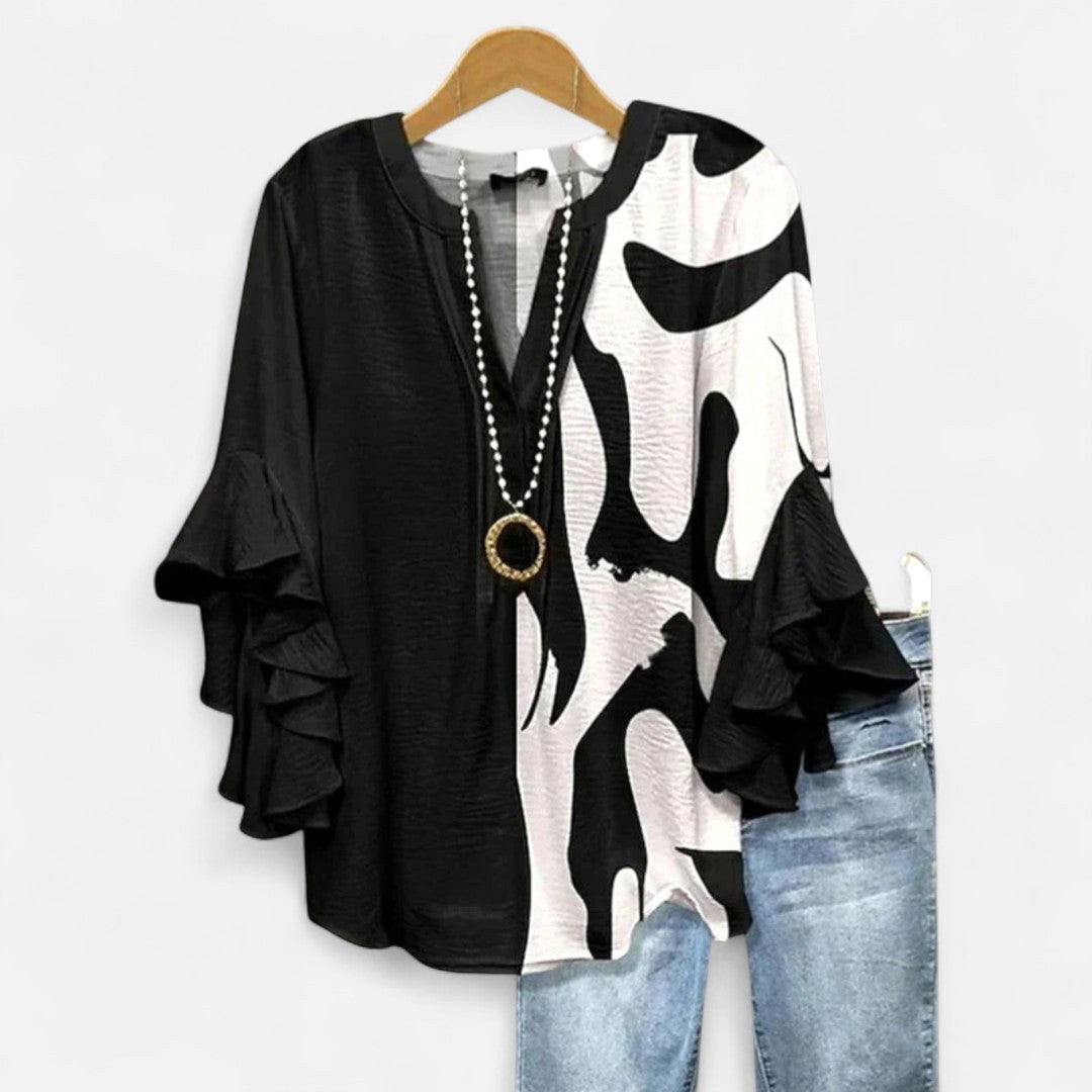Jocelyn | Women's V-Neck Ruffle Sleeve Blouse - Black