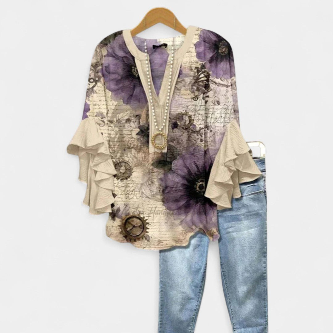 Jocelyn | Women's V-Neck Ruffle Sleeve Blouse - Beige