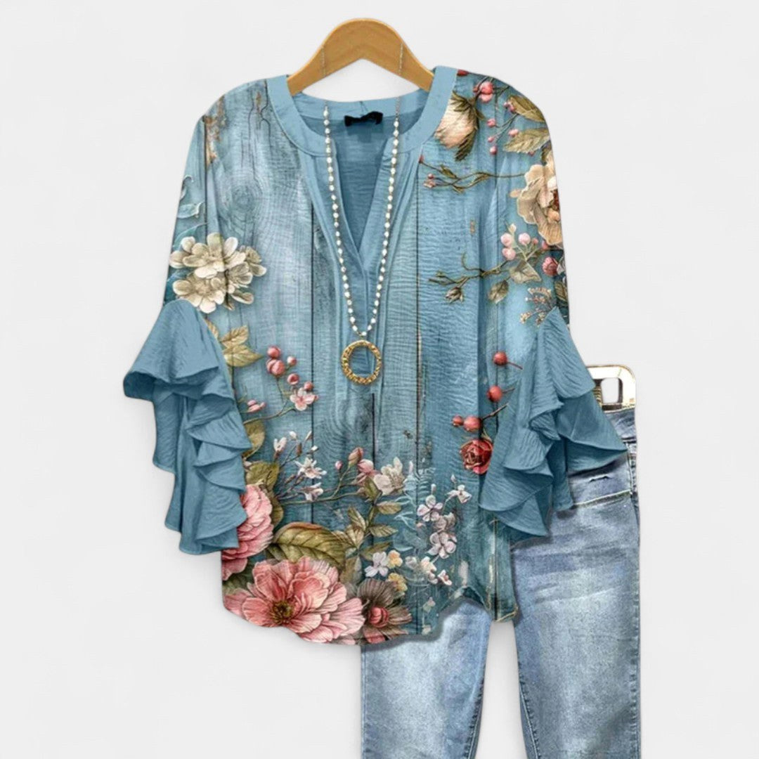 Jocelyn | Women's V-Neck Ruffle Sleeve Blouse - Blue Gray