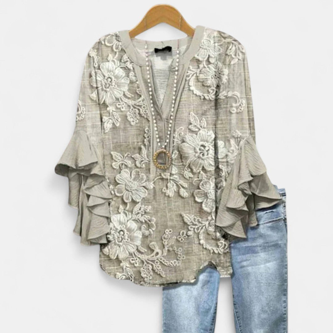 Jocelyn | Women's V-Neck Ruffle Sleeve Blouse - Light Brown