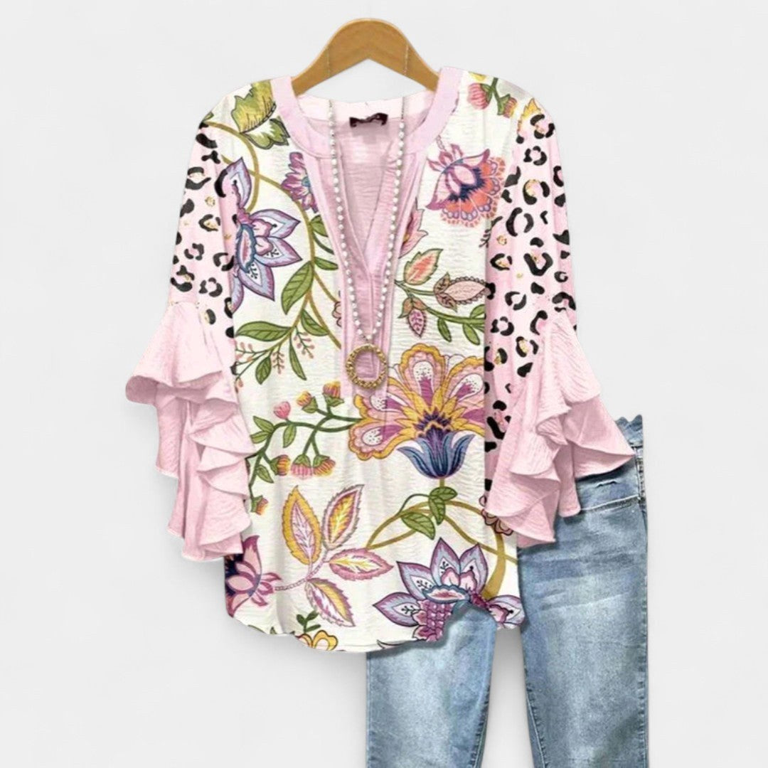 Jocelyn | Women's V-Neck Ruffle Sleeve Blouse - Pink