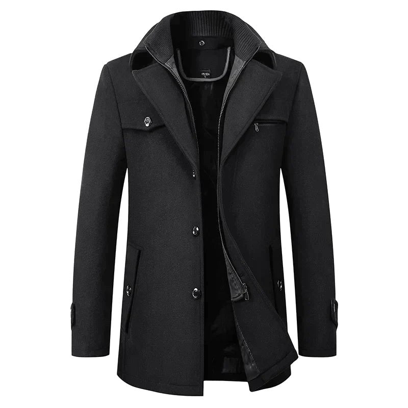 Jonathan | Men's Mid-Length Pea Coat, Notched Lapel Autumn Coat | Animated Apparel | Black