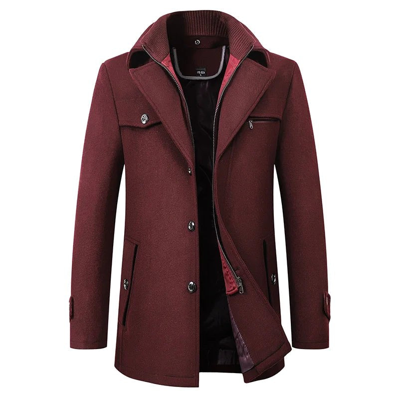 Jonathan | Men's Mid-Length Pea Coat, Notched Lapel Autumn Coat | Animated Apparel | Maroon