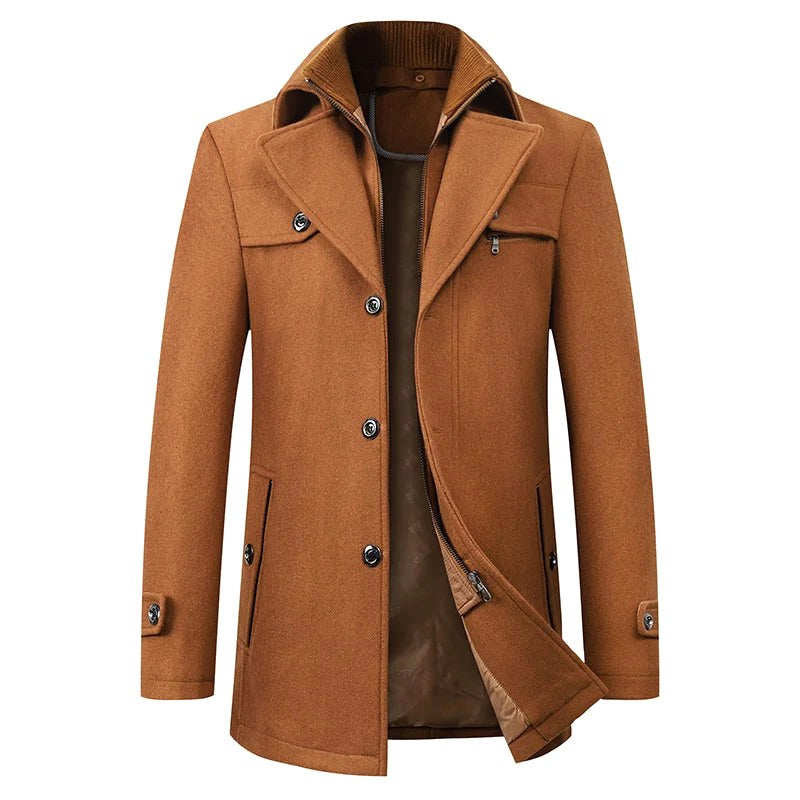 Jonathan | Men's Mid-Length Pea Coat, Notched Lapel Autumn Coat | Animated Apparel | Brown