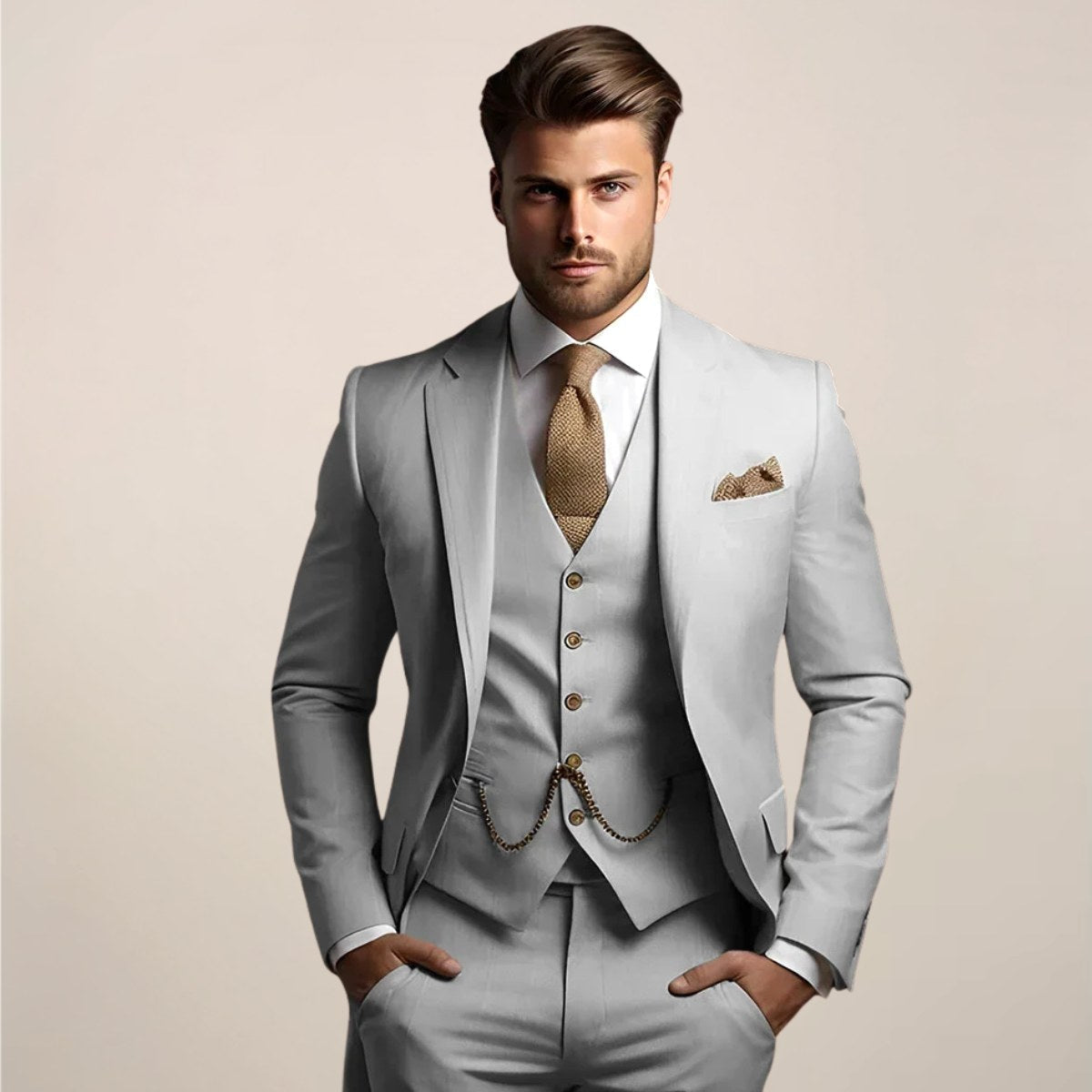 Axel | Men's Three-Piece Tailored Suit, Jacket Waistcoat and Trousers Formalwear | Animated Apparel | Gray