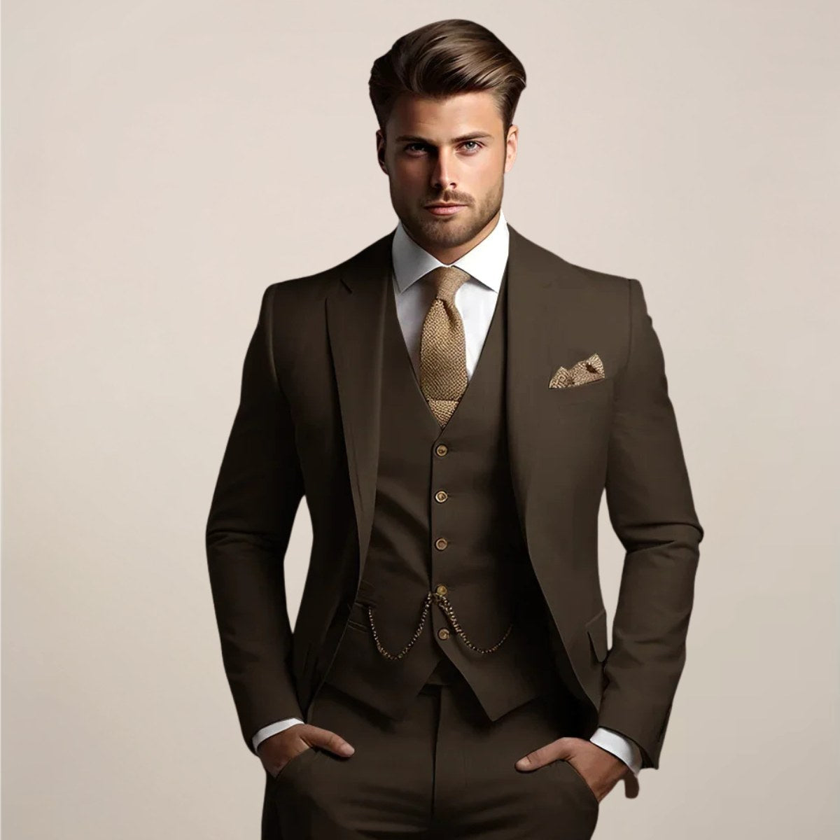 Axel | Men's Three-Piece Tailored Suit, Jacket Waistcoat and Trousers Formalwear | Animated Apparel | Dark Brown