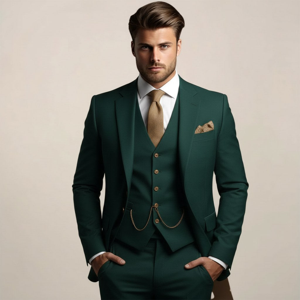 Axel | Men's Three-Piece Tailored Suit, Jacket Waistcoat and Trousers Formalwear | Animated Apparel | Dark Green