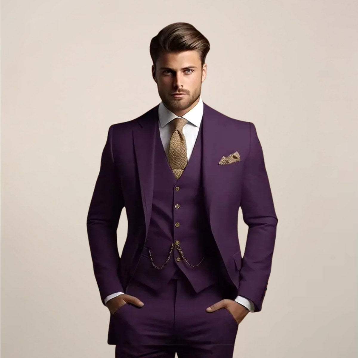 Axel | Men's Three-Piece Tailored Suit, Jacket Waistcoat and Trousers Formalwear | Animated Apparel | Dark Purple