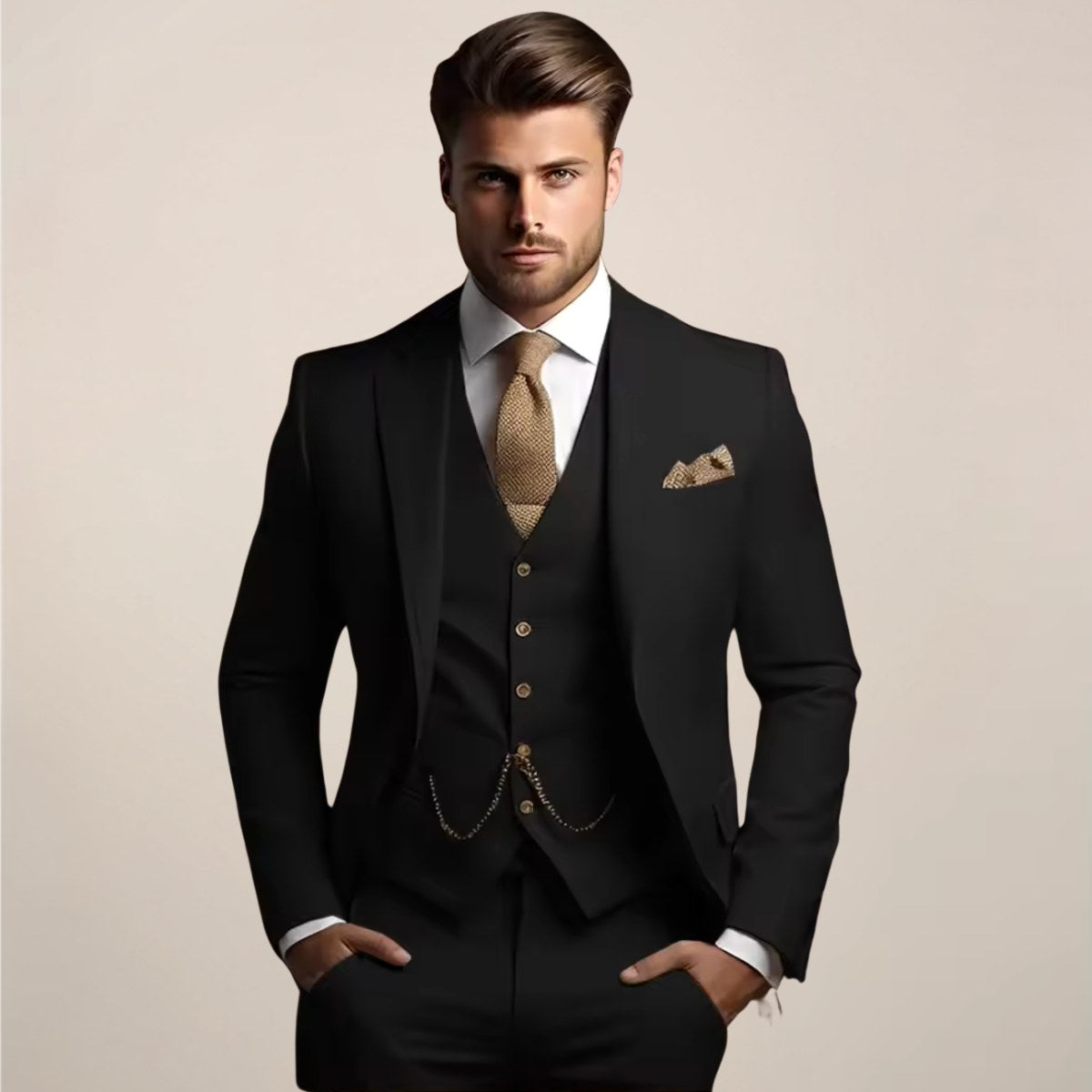 Axel | Men's Three-Piece Tailored Suit, Jacket Waistcoat and Trousers Formalwear | Animated Apparel | Black