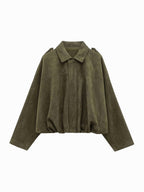 Josette | Women's Faux Suede Collared Bomber Jacket, Structured Collar Jacket | Animated Apparel | Green