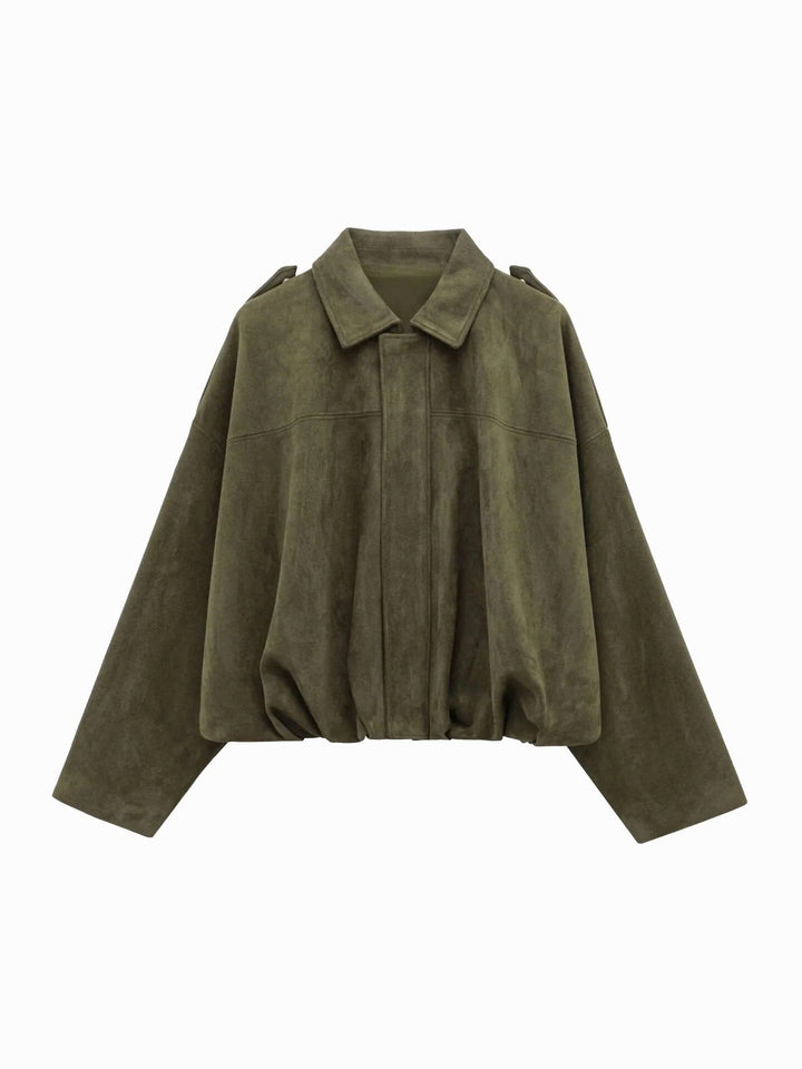 Josette | Women's Faux Suede Collared Bomber Jacket, Structured Collar Jacket | Animated Apparel | Green