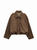 Josette | Women's Faux Suede Collared Bomber Jacket, Structured Collar Jacket | Animated Apparel