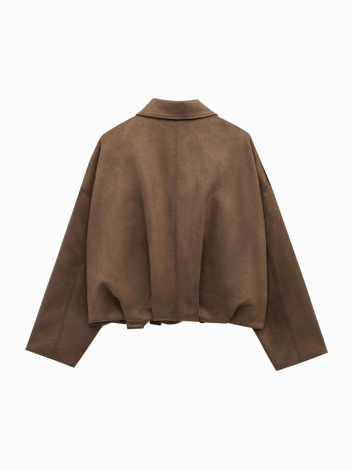 Josette | Women's Faux Suede Collared Bomber Jacket, Structured Collar Jacket | Animated Apparel