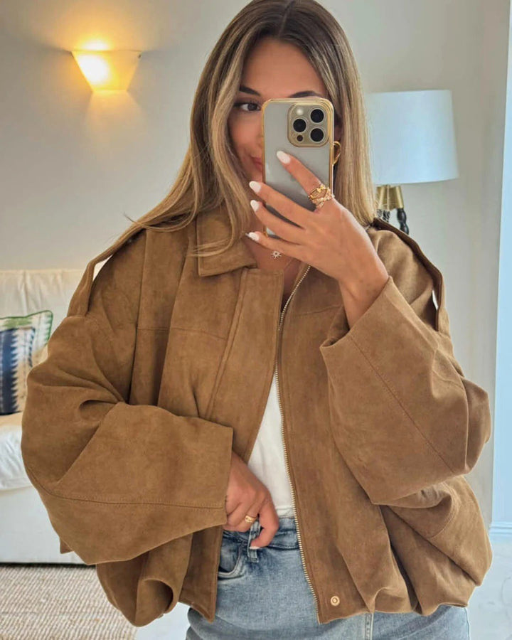 Josette | Women's Faux Suede Collared Bomber Jacket, Structured Collar Jacket | Animated Apparel