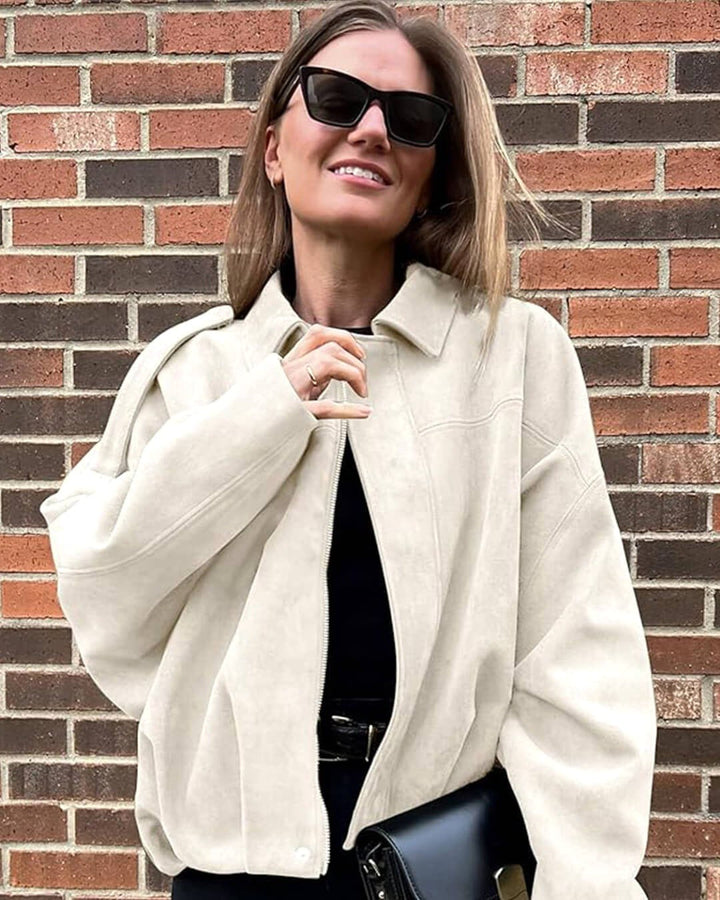 Josette | Women's Faux Suede Collared Bomber Jacket, Structured Collar Jacket | Animated Apparel
