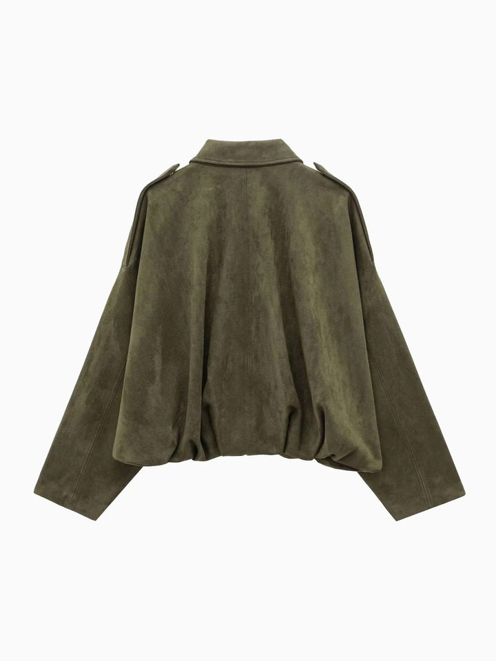 Josette | Women's Faux Suede Collared Bomber Jacket, Structured Collar Jacket | Animated Apparel | Brown