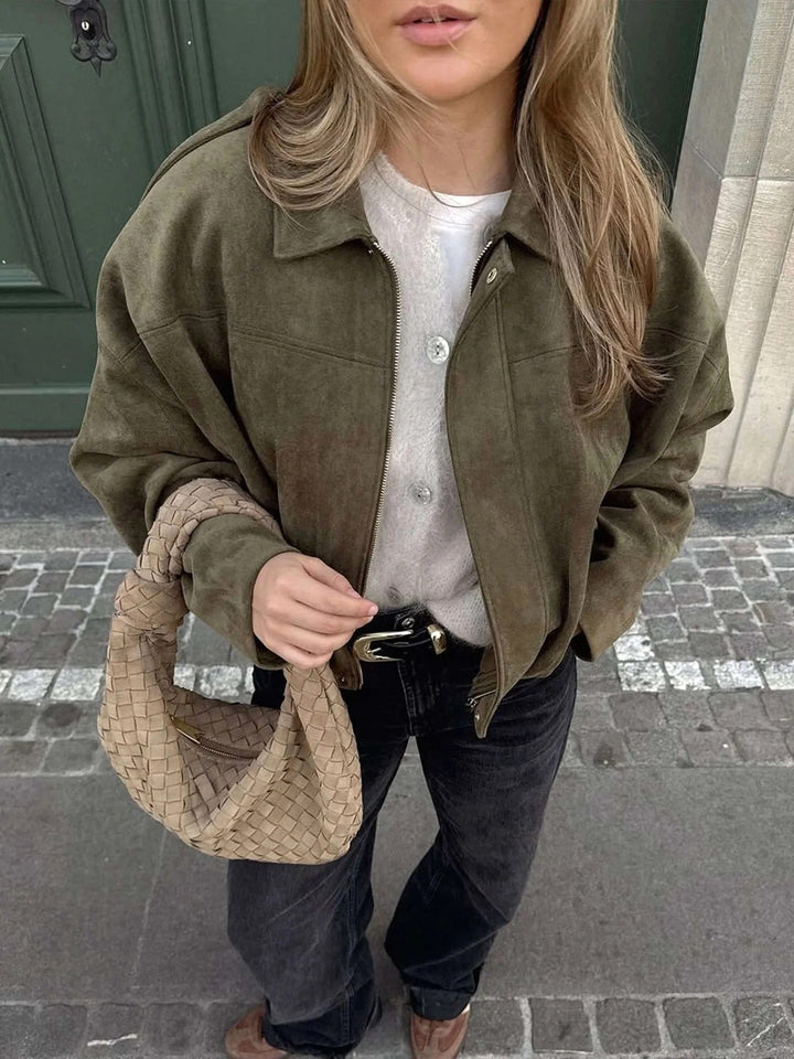 Josette | Women's Faux Suede Collared Bomber Jacket, Structured Collar Jacket | Animated Apparel | Khaki