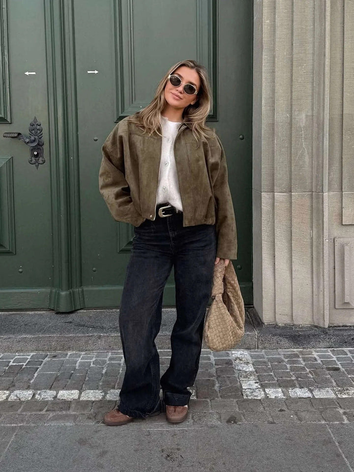 Josette | Women's Faux Suede Collared Bomber Jacket, Structured Collar Jacket | Animated Apparel | White