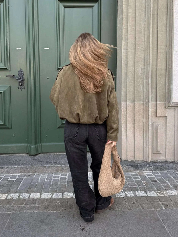 Josette | Women's Faux Suede Collared Bomber Jacket, Structured Collar Jacket | Animated Apparel