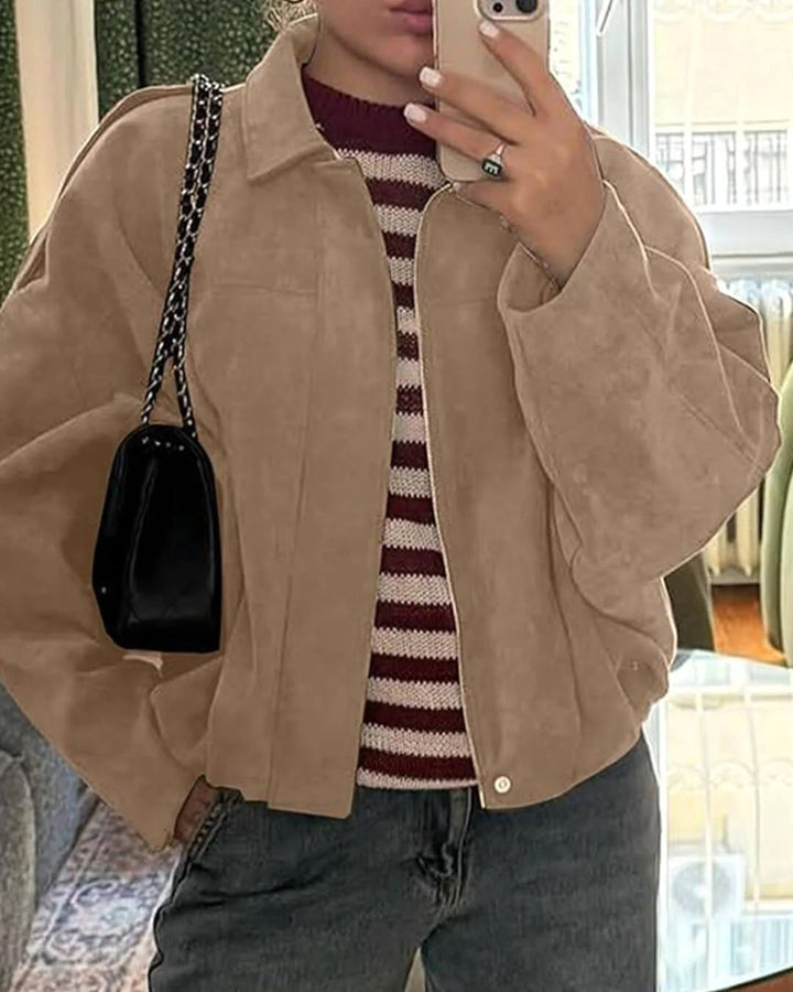 Josette | Women's Faux Suede Collared Bomber Jacket, Structured Collar Jacket | Animated Apparel