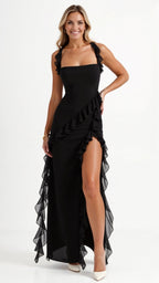 Julia | Women's Ruffled Maxi Dress, Front Slit Evening Dress | Animated Apparel