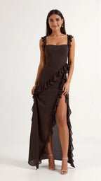 Julia | Women's Ruffled Maxi Dress, Front Slit Evening Dress | Animated Apparel