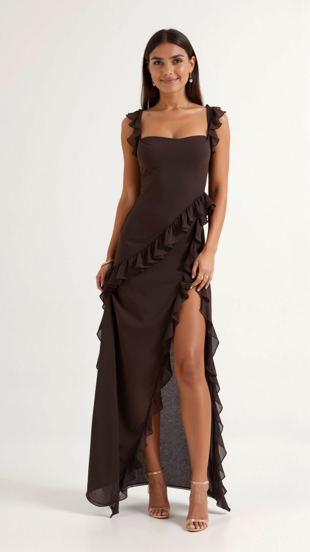 Julia | Women's Ruffled Maxi Dress, Front Slit Evening Dress | Animated Apparel