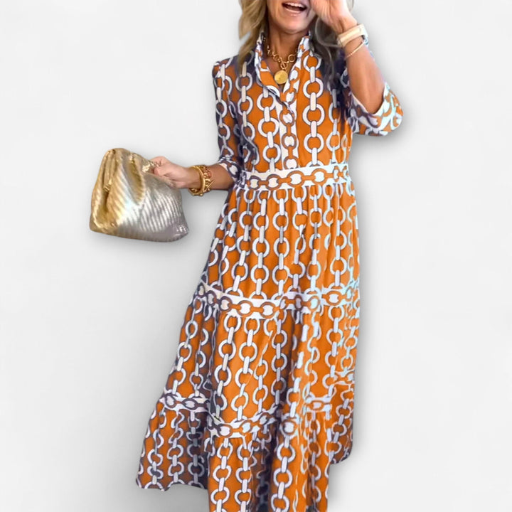 Juliana | Women's Chain Print Midi Dress - Orange