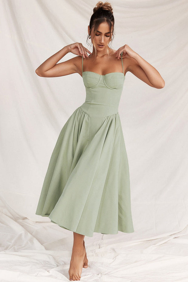 Juliette | Women's Corset Midi Dress with Adjustable Straps - LightGreen