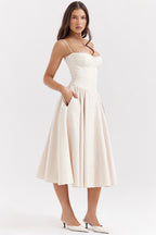 Juliette | Women's Corset Midi Dress with Adjustable Straps - LightBeige