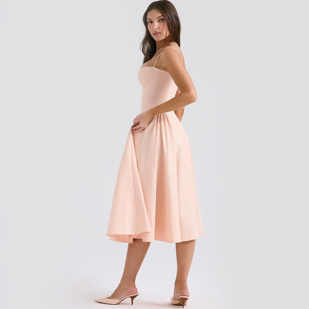 Juliette | Women's Corset Midi Dress with Adjustable Straps - Apricot