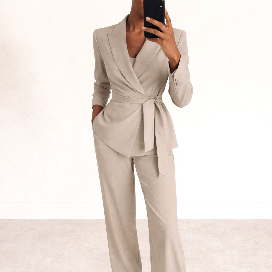 Katarzyna | Women's Tie-Waist Blazer with Wide-Leg Trousers, Two-Piece Suit | Animated Apparel