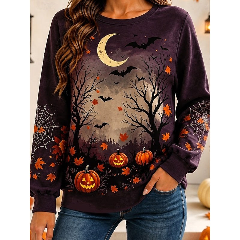 Kayla | Women's Moonlit Pumpkin Graphic Sweatshirt, Relaxed Crew Neck Sweater | Animated Apparel | Purple