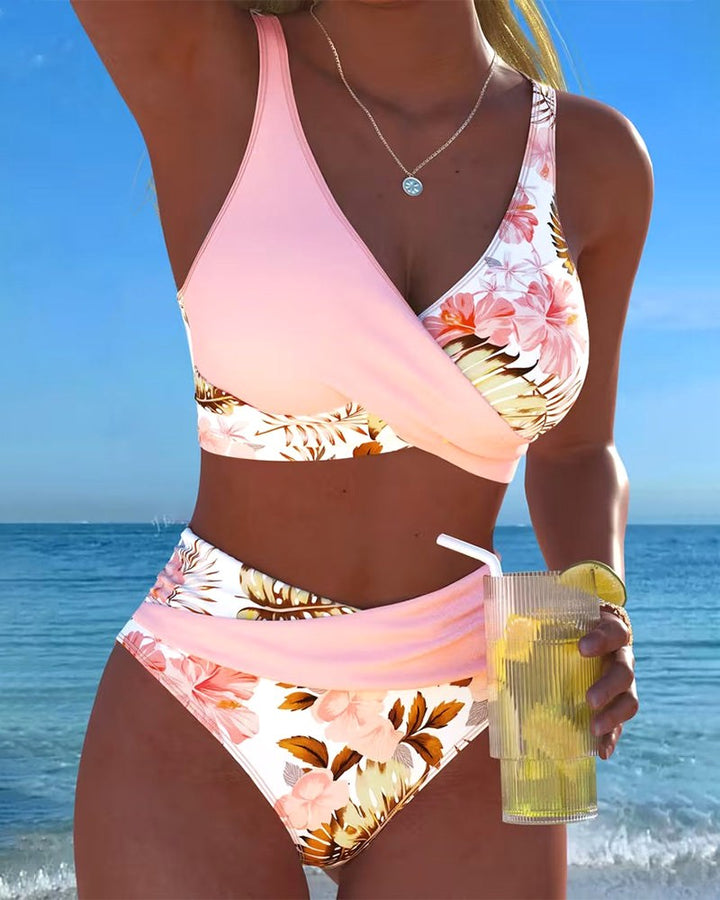 Kelsey | Women's Floral Contrast Split Bikini - Pink