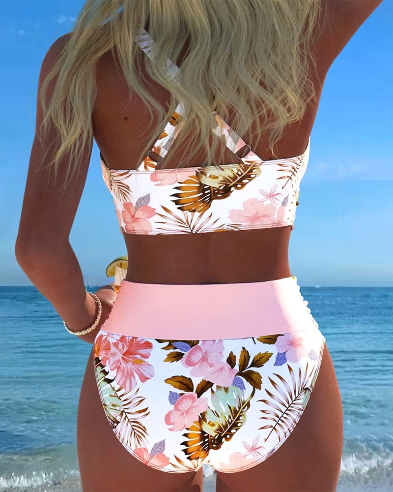 Kelsey | Women's Floral Contrast Split Bikini - Red