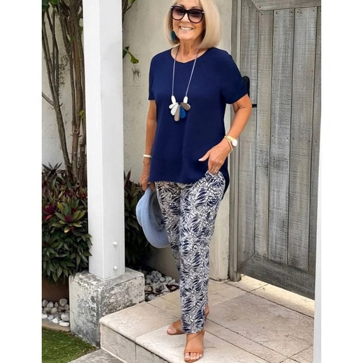 Kelsey | Women's Printed Two-Piece Set - Donkerblauw