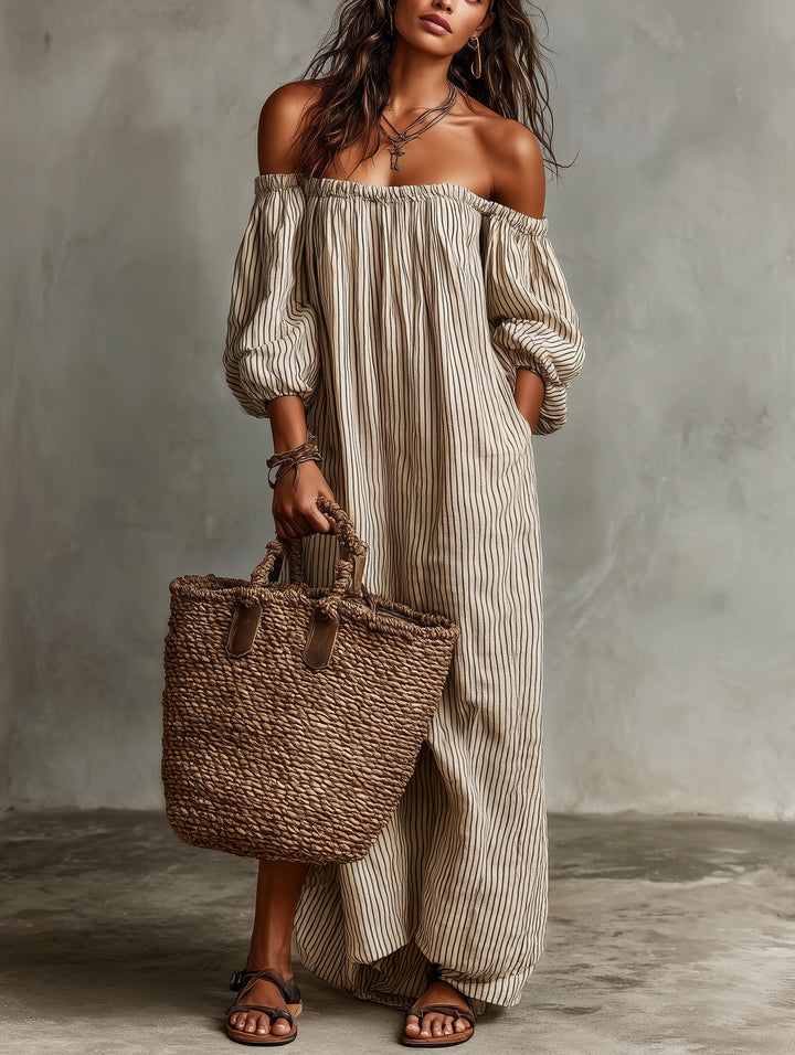 Kendall | Women's Cotton-Linen Off-Shoulder Maxi Dress - Photo Color