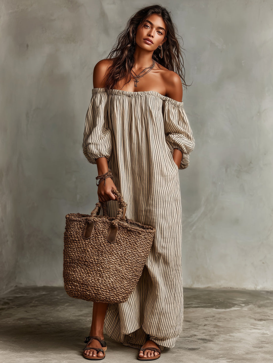 Kendall | Women's Cotton-Linen Off-Shoulder Maxi Dress - image 5