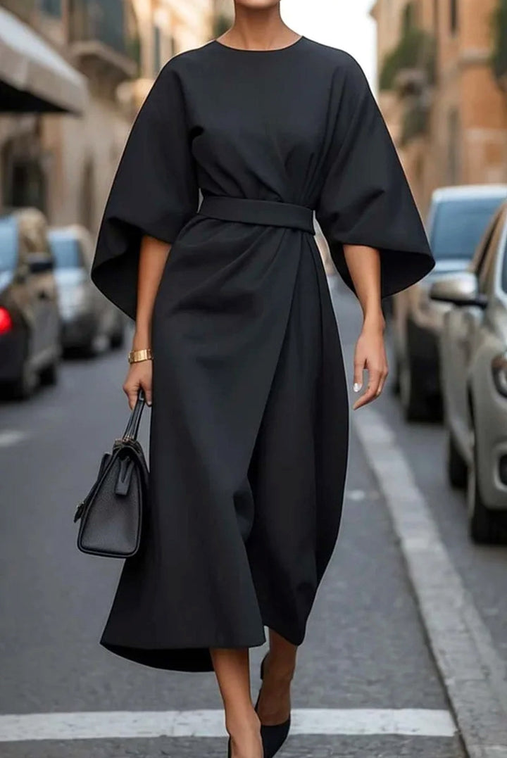 Kennedy | Women's Elegant Midi Dress with Lantern Sleeves - Navy Blue