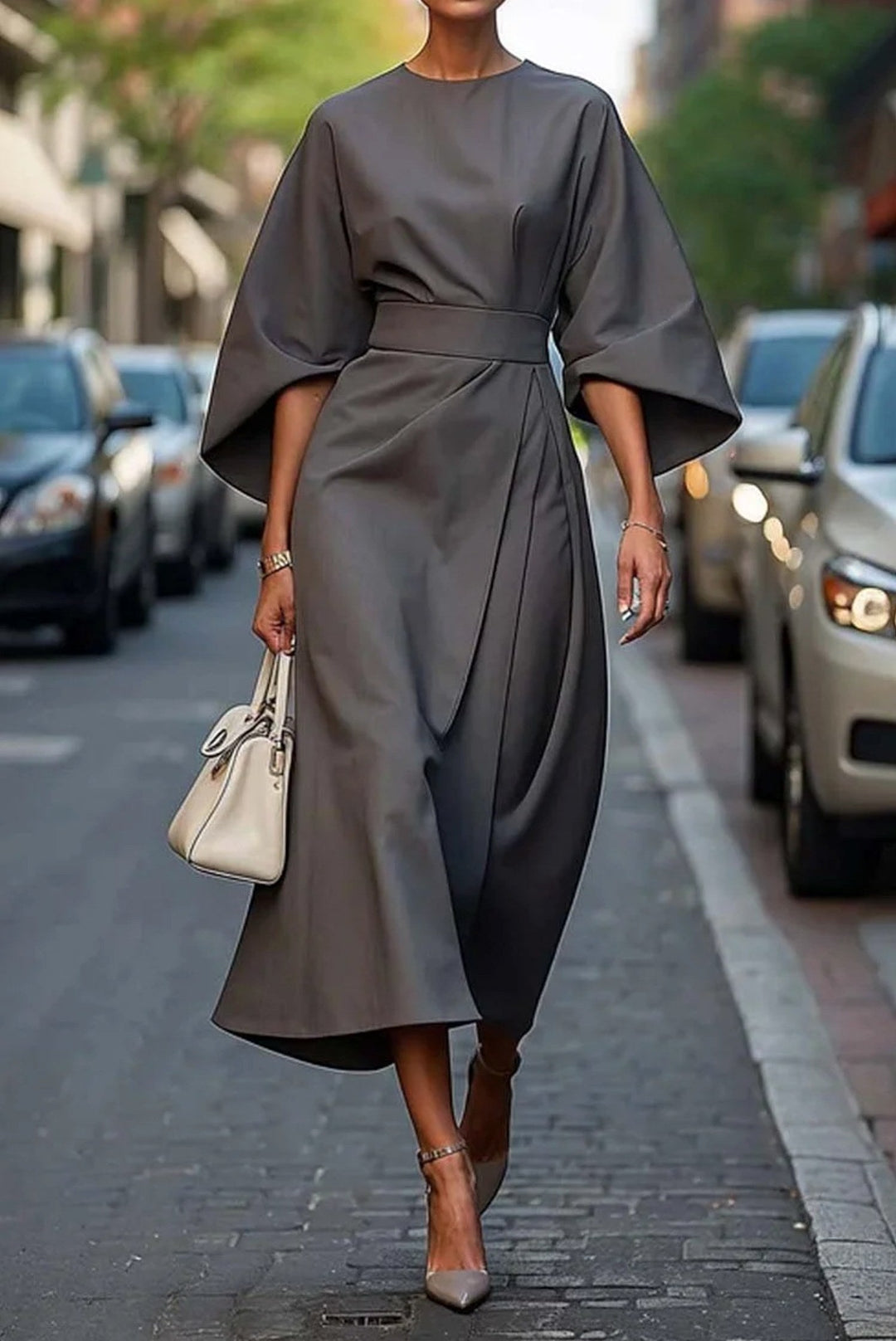 Kennedy | Women's Elegant Midi Dress with Lantern Sleeves - Violet