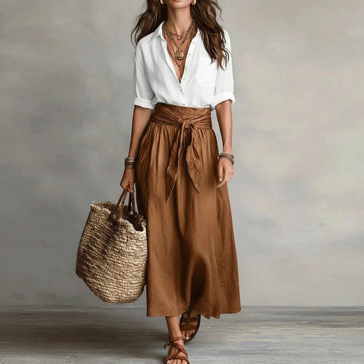 Kennedy | Women's Linen Two-Piece Set - White Brown