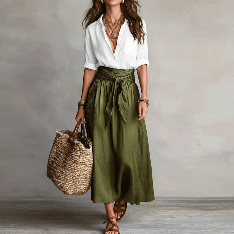 Kennedy | Women's Linen Two-Piece Set - White Green