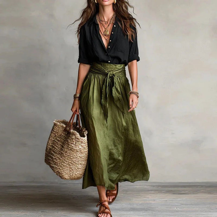 Kennedy | Women's Linen Two-Piece Set - Black Green