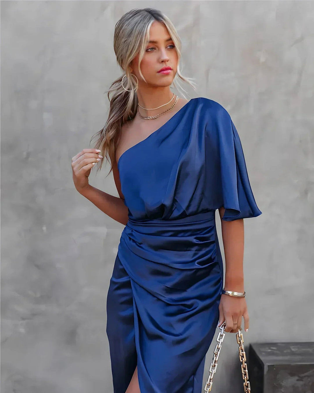 Kennedy | Women's Off-Shoulder Satin Midi Dress - Blauw