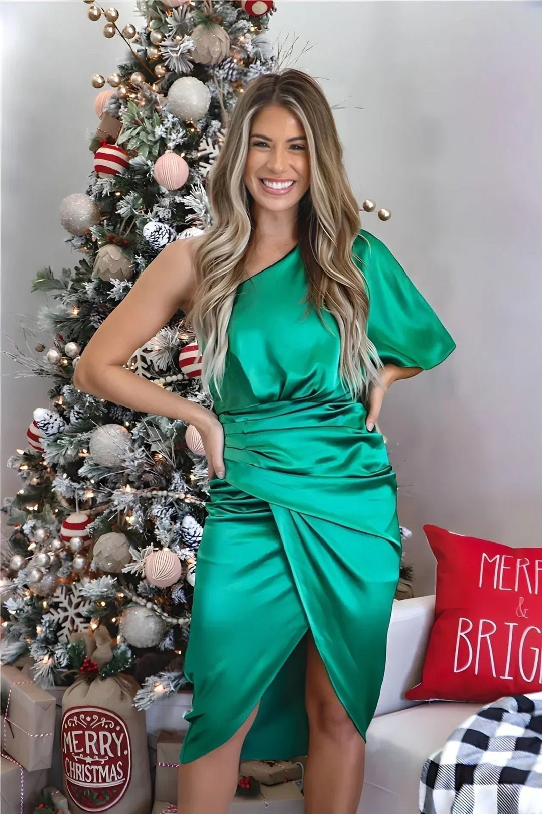 Kennedy | Women's Off-Shoulder Satin Midi Dress - Groente