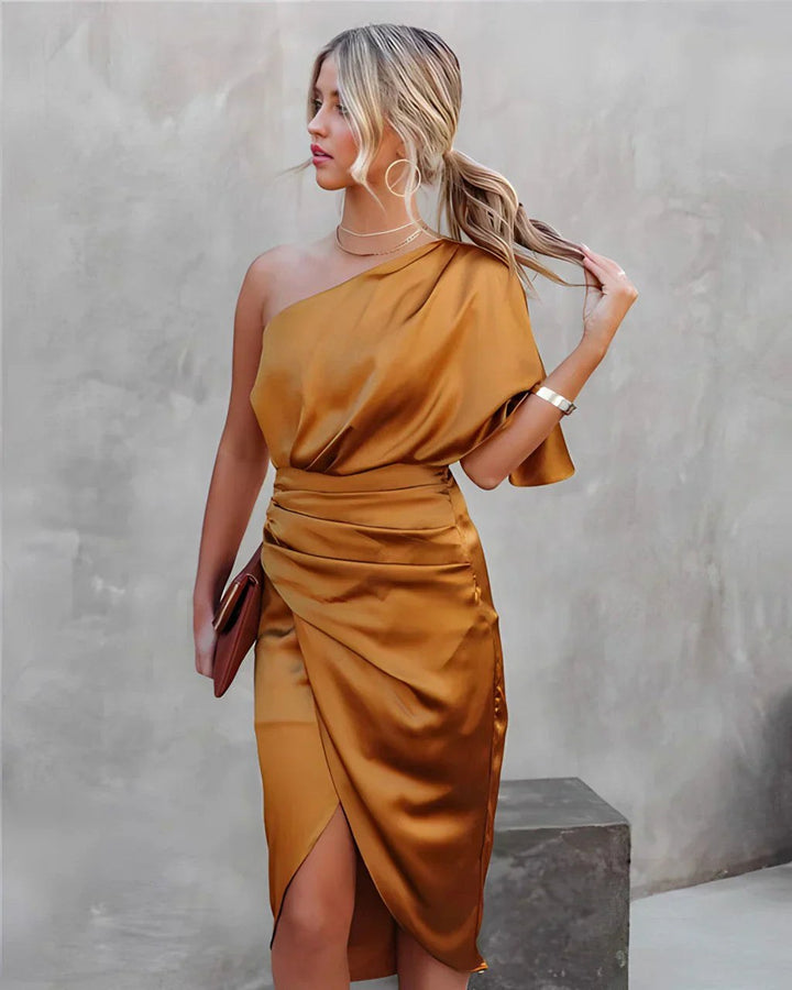 Kennedy | Women's Off-Shoulder Satin Midi Dress - Oranje