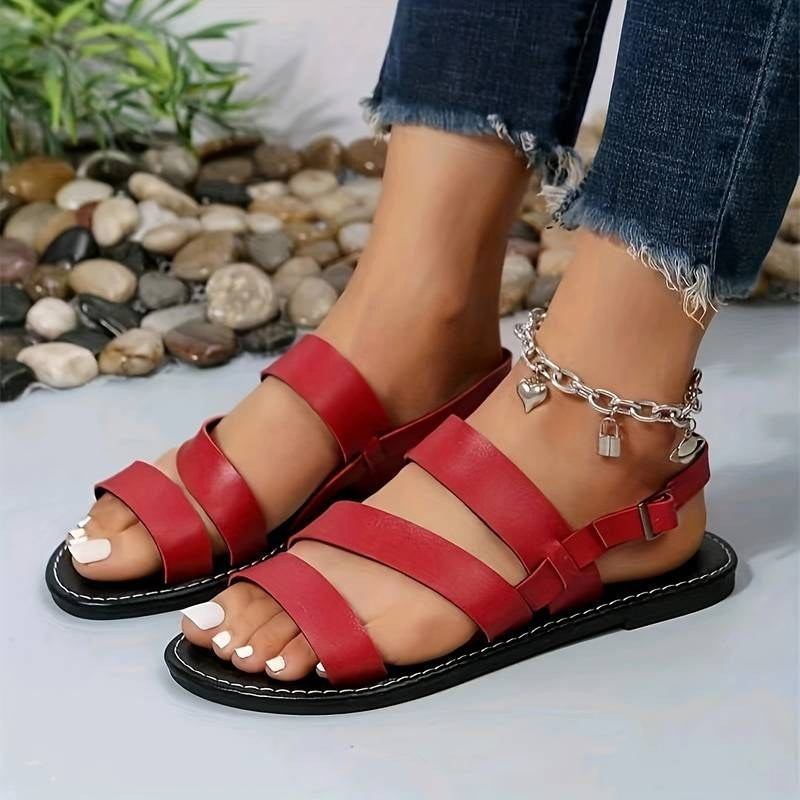 Kennedy | Women's Vegan Leather Three-Strap Flat Sandals - Red