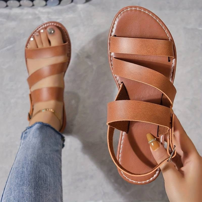 Kennedy | Women's Vegan Leather Three-Strap Flat Sandals - Light brown