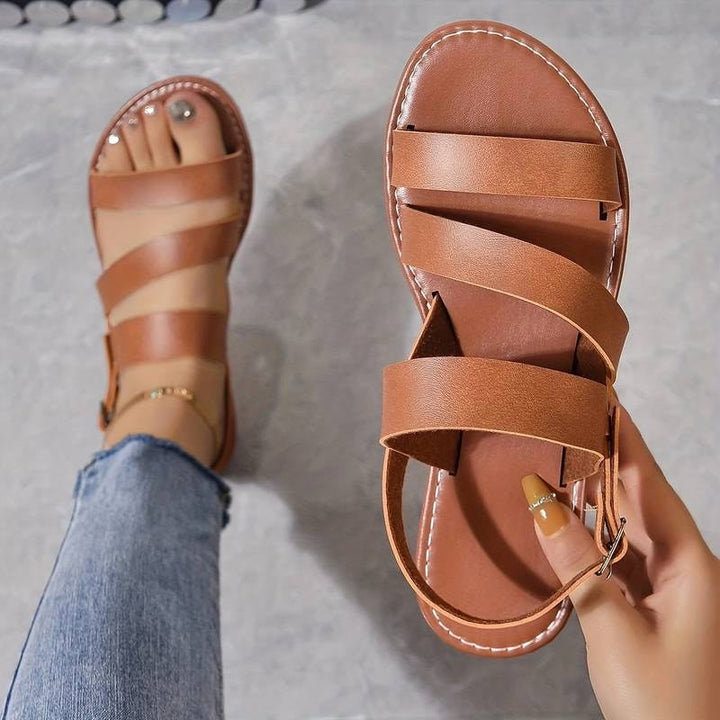 Kennedy | Women's Vegan Leather Three-Strap Flat Sandals - Light brown