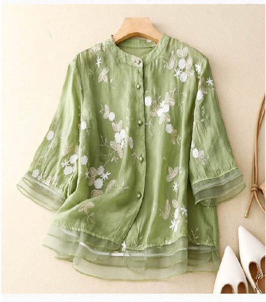 Kristen | Women's Chic Floral Embroidered Blouse - Green